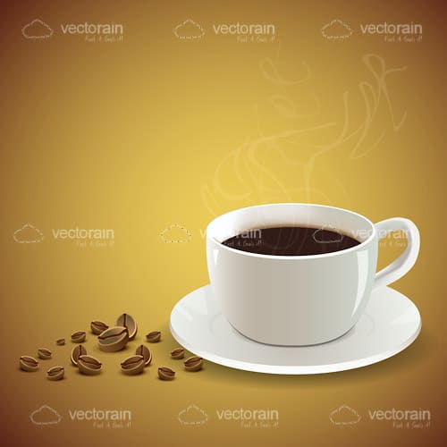 Steamy Hot Coffee Cup with Coffee Beans on the Side